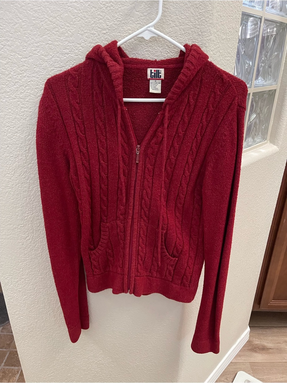 TILT Cable-Knit Red Zip Hoodie Cardigan